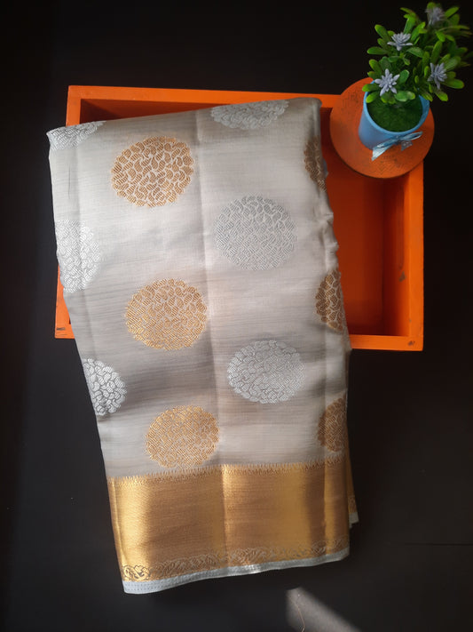 White and Gold Mix Raw Silk Saree