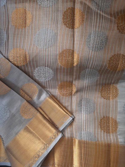 White and Gold Mix Raw Silk Saree