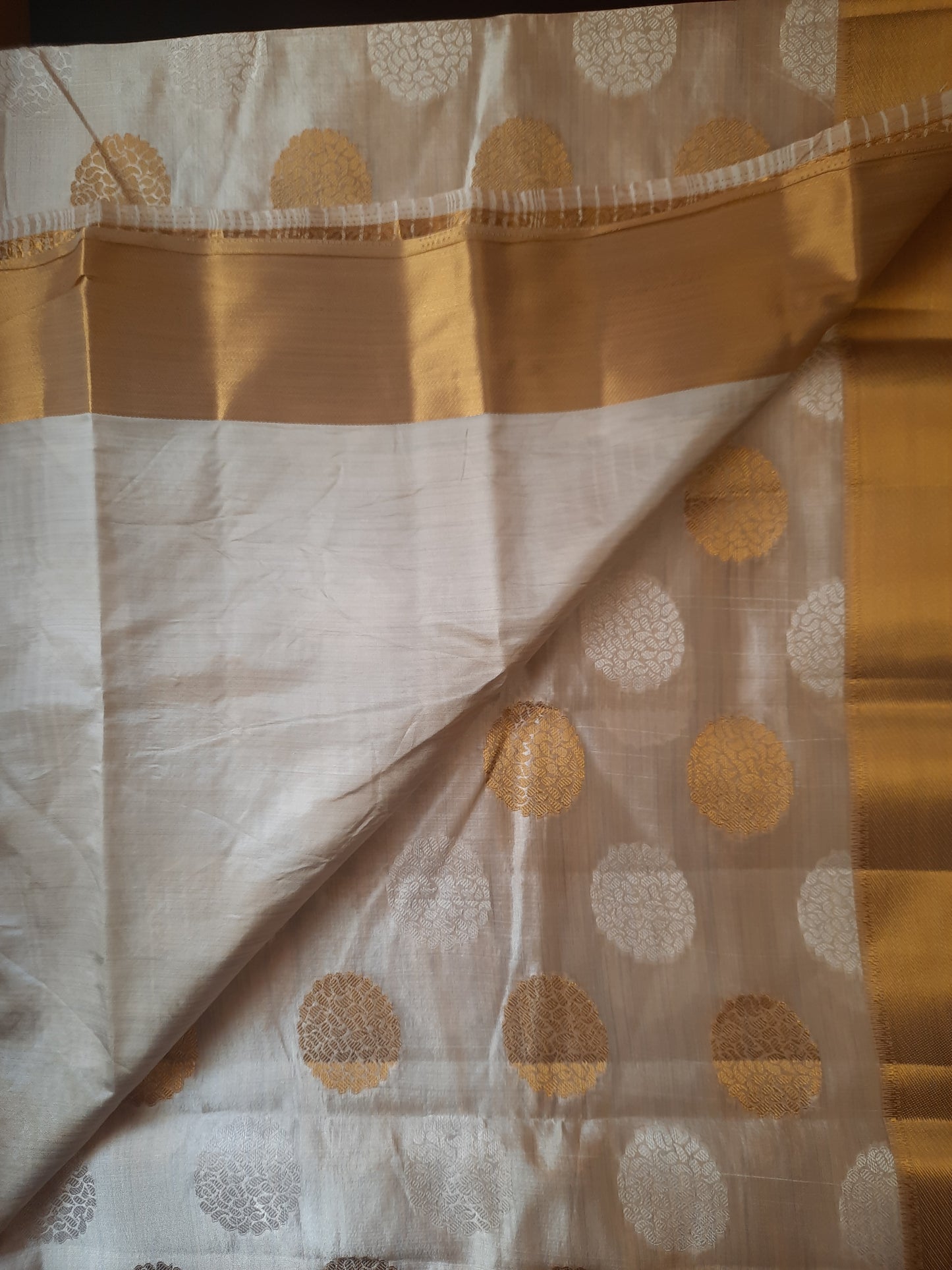 White and Gold Mix Raw Silk Saree