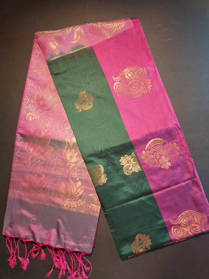 Dark Green with Dark Pink border soft semi silk saree.