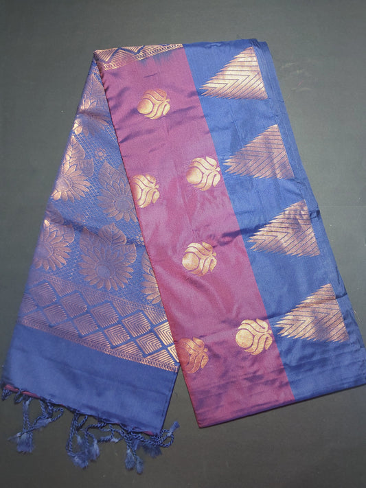 Dark Maroon with Dark navy blue border soft semi silk saree