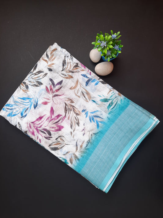 White and Blue Floral Digital Linen Saree